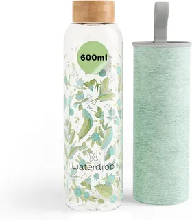 waterdrop Bouteille en verre 600 ml, housse et bouchon bambou